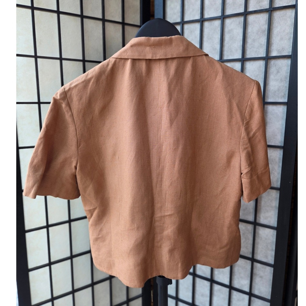 Cynthia Howie Women Linen Blend Fitted Brown Button Up Blouse Short Sleeve 8